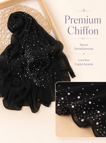 Chiffon Hijab Scarf for Women, Rhinestone Pearl Muslim Head Scarf, Lightweight Shawl Wrap - color: Black