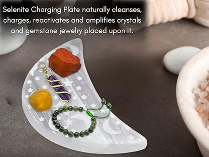 Amazing Gemstone Selenite Crystal Charging Plate for Crystals and Healing Stones, 4" Selenite Crystal Plate Engraved Star and Moon Coaster for Home, Office Table Decor (Selenite Crescent Moon) - size: 4" Inches