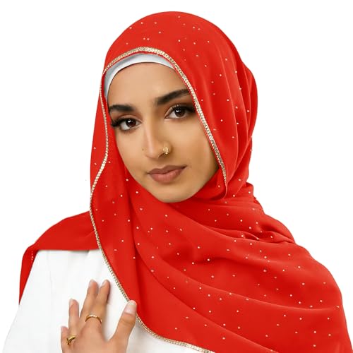 Hijab Scarf for Women Soft Chiffon Rhinestone Long Scarf Shawl Fashion Muslim Hijab Head Wrap Scarves - color: Red