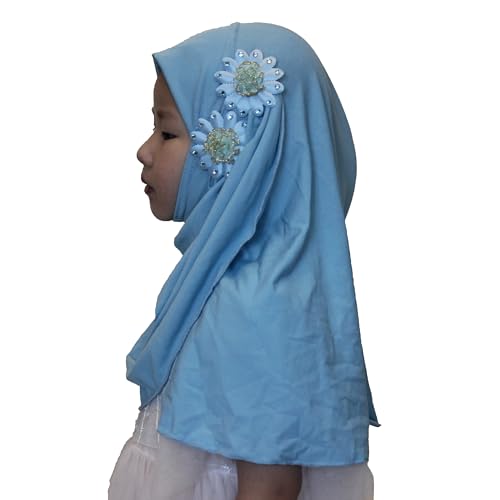 Soft Instant Hijab for Kids Girls Muslim Headscarf Islamic Scarf Shawl Wrap with Flowers - color: Sky Blue-2 Flowers
