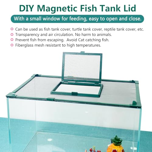Magnetic Fish Tank Cover with Feeding Window Green Frame Grey Fiberglass Mesh, DIY Fish Tank Lid Adjustable Size Fit Tank Size Max 35''X19'' for Preventing Fish from Jumping Out and Reptile Escaping - color: Green frame fiberglass net(with a feeding windo