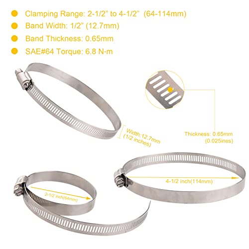 Winlong 8 Pack 4" Stainless Steel Hose Clamps, SAE 64 Worm Gear Drive Hose Clamps 2 1/2"- 4 1/2" (64-114mm) for Automotive Plumbing, 2 3/4'', 3'', 3 1/2", 3 3/4'' Clamps - size: SAE#64 (2-1/2" ~ 4-1/2") 8PK