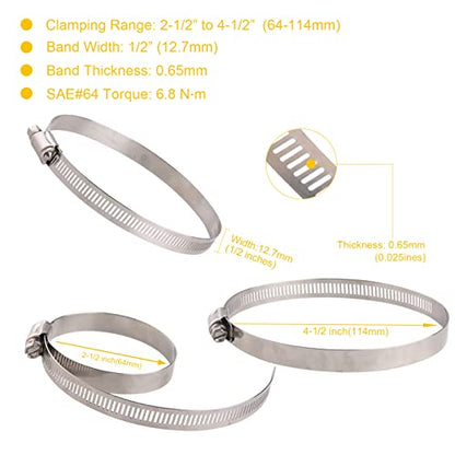 Winlong 8 Pack 4" Stainless Steel Hose Clamps, SAE 64 Worm Gear Drive Hose Clamps 2 1/2"- 4 1/2" (64-114mm) for Automotive Plumbing, 2 3/4'', 3'', 3 1/2", 3 3/4'' Clamps - size: SAE#64 (2-1/2" ~ 4-1/2") 8PK