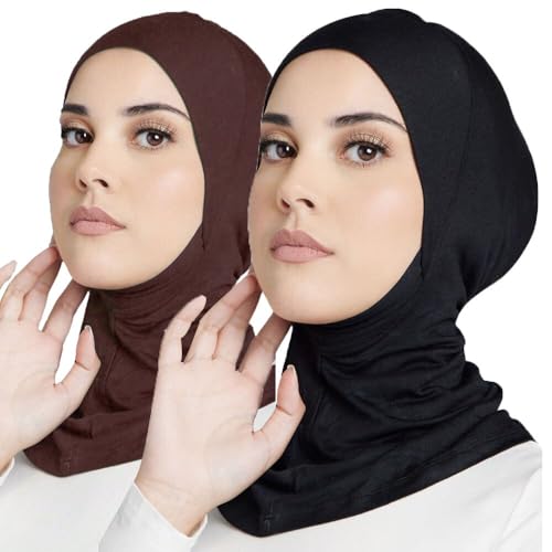 Women Slouchy Beanies Cap Soft Hijab Cap Under Scarf for Women Muslim Jersey Hijab Undercaps(1PC/2PC) - color: Black+coffee