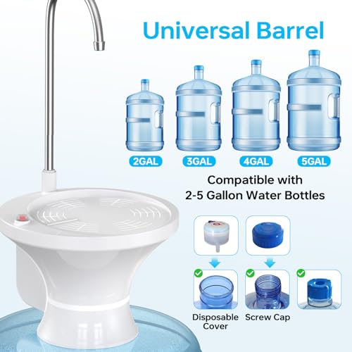 Water Dispenser for 5 Gallon Bottle, Electric Drinking Water Bottle Pump for 2-5 Gallon Jugs, USB Rechargeable Water Pump with 2 Switch Control for Home, Office, Camping - color: White