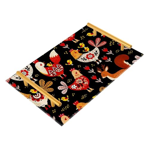 Bathroom Vanity Tray Counter Organizer, Folk Style Chicken with Deer Decorative Tray with Handles Countertop Storage for Bathroom Bedroom Kitchen Home Farmhouse - color: Folk Style Chicken With Deer