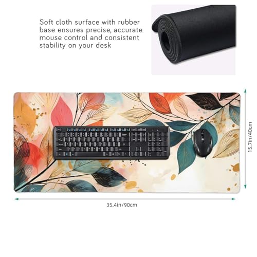 35.4 x 15.7 in, XXL Large Mouse Pad for Desk, Extended Keyboard Mouse Mat for Computer Office, Big Mouse pad with Stitched Edges, Gaming Pc-Boho Leaves - color: Boho Leaves