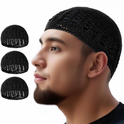 3pcs Knit Kufi Hats for Men Muslim Prayer Cap Islamic Ramadan Eid Taqiyah Cap Koofi Topi Beanie Skull Hat Under Hat - color: Black