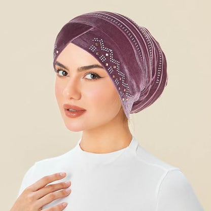 Rhinestone Hijab Turban Hats for Women Beanies Bandana Headwrap Cap Beanies Headwear Headscarf Undercap Turban Hat - color: Hot Pink