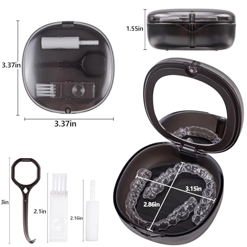 Dental Retainer Box Case Orthodontic Retainer Container with Removal Tool, Chew and Travel Brush, Double-layer Mouth Guard Holder Container Case with Mirror - Transparent Black - color: Transparent Black