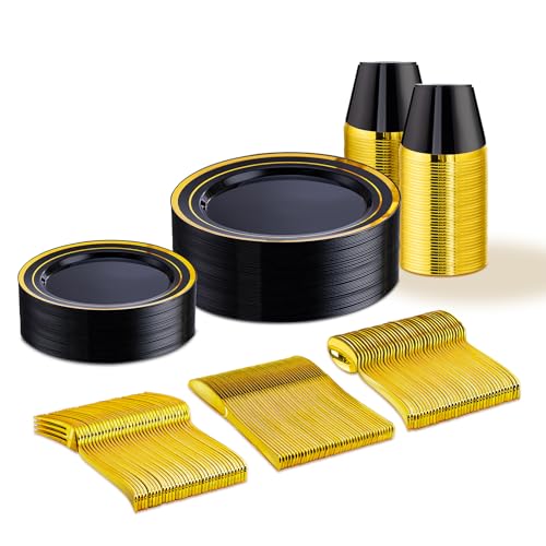 WELLIFE Black and Gold Plates, Plastic Dinnerware Set for 25 Guests - color: Black/Gold, size: 25 Guests