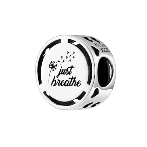 Inspirational Words Symbols 925 Sterling Silver Charm Bead For Pandora & Similar Charm Bracelets or Necklaces - color: Just Breath - Anxiety Reminder