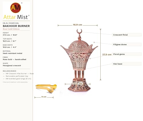 AM Bakhoor Charcoal Incense Burner - Oud Frankincense Resin Burner 10.5 Inches Tall - for Bakhoor Oud Incense Sticks Cones - Luxury Filigree (Rose Gold) - color: Rose Gold