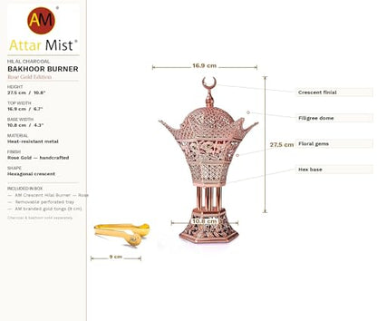 AM Bakhoor Charcoal Incense Burner - Oud Frankincense Resin Burner 10.5 Inches Tall - for Bakhoor Oud Incense Sticks Cones - Luxury Filigree (Rose Gold) - color: Rose Gold