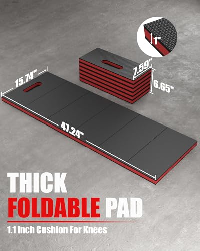 Folding Kneeling Pad, 1 Inch Thick Compact Mechanic Mat, Red | 47.24 x 15.74 Inch 6-Panel Firm Foam Pad with Carry Handle, Water-Resistant Textured Surface for Garage and DIY Work - color: Red