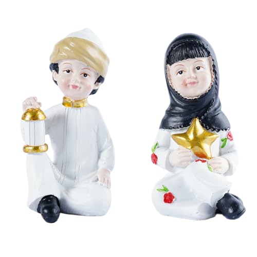 Ramadan Decorations for Home Set of 2 Resin Muslim Boy and Girl Figurines Holding Lantern and Star Islamic Decor Eid Mubarak Table Centerpieces for Iftar Office Desktop Display