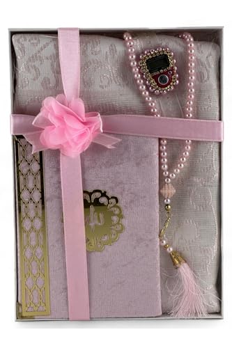 SODEF 4-Piece Islamic Gift Set: Prayer Rug, Yasin Book, Prayer Beads, Zikirmatik for Umrah, Hajj, Weddings - Pink - Pink, 5x7 inch