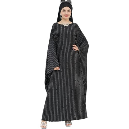 Muslim Abaya Dress 1Piece Bat Sleeve Kaftan Robe Women Islamic Maxi Dress Rhinestone Jilbab Eid Shiny Abaya(No scarf) - color: Black I