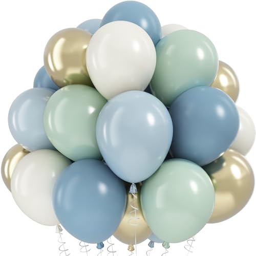Dusty Blue Green Balloons, Slate Fog Blue Dusty Green Ivory Balloons with Metallic Light Gold Balloon for Women Men Boho Jungle Safari Birthday Bridal Baby Shower Wedding Engagement Party Decorations - color: Dusty Blue Sage