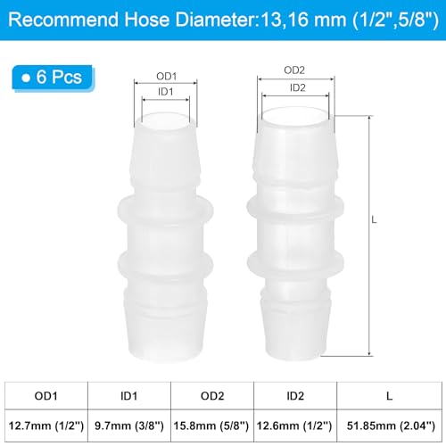 PATIKIL 1/2" to 5/8" 6 Pcs Plastic Hose Barb Fittings, Reducer Tube Fittings Pipe Line Adapter Union Splicer Joint Kit for Air Gas Water System Liquid Fuel Line Aquarium Tube Pump - size: 1/2"-5/8",(0.77"x2.05")