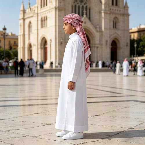 Traditional Boys Muslim Thobe - Kids Long Sleeve Arabic Robe, Middle Eastern Style Islamic Jubba Kandura for Children, White