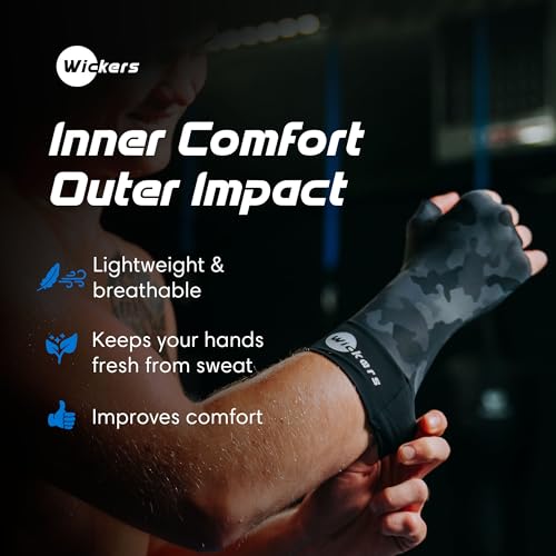 Wickers Thin Fingerless Gloves Men & Women - Lightweight Inner Boxing Gloves, Breathable Inner Glove Liners for Exercise, Gym Glove - Pair - color: Gray Camo, size: Medium