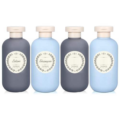 METAPACK 4Pack 6.8oz Travel Shampoo Bottles with Labels, Refillable Travel Bottles, Flip Top Squeeze Bottles, Portable Plastic Toiletry Containers for Lotion, Conditioner & Body Wash(grey, blue) - color: Gray+Blue