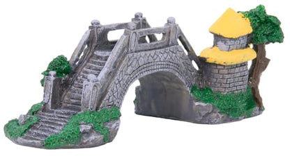 Aquarium Bridge Ornament with Stone Arch & Cottage, Resin, Gray Stone with Green Accents & Yellow Cottage Roof