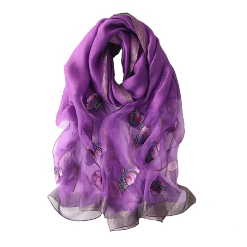 Purple Silk Scarf and Shawl - Elegant Embroidered Silk Scarf - color: Purple