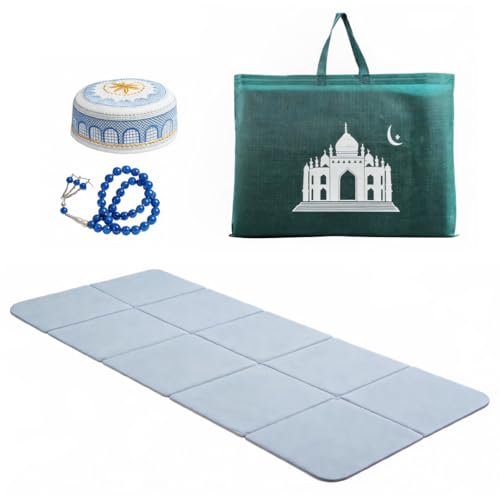 Foldable Muslim Prayer Mat Set with Travel Bag, TPE Islamic Prayer Rug, Tasbih Prayer Beads & Prayer Hat, Portable Prayer Carpet for Men Women, Travel, Ramadan, Eid Gifts