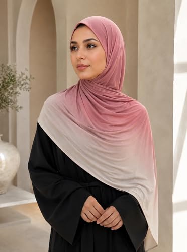 Premium Stretch Cotton Gradient Scarf for Women, Soft Jersey Wrap Shawl, Lightweight Ombre Hijab for Everyday Wear - color: Mctlo2537-opink
