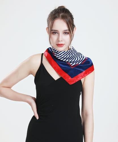 QBSM Womens 23.6 inch Satin Silk Feeling Formal Square Neck Scarf Head Hair Wraps Kerchief - color: National Flag Stripe-navy