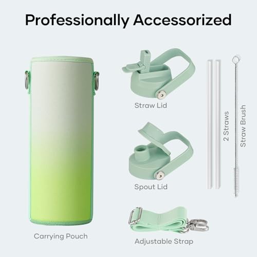 BUZIO 24 oz Insulated Water Bottle, Stainless Steel Wide Mouth Water Flask with Straw Lid, Cold for 48 Hrs Leak Proof Metal Hydro Thermo Canteen Mug, Gradient Green - color: Gradient Green, size: 24 Ounces