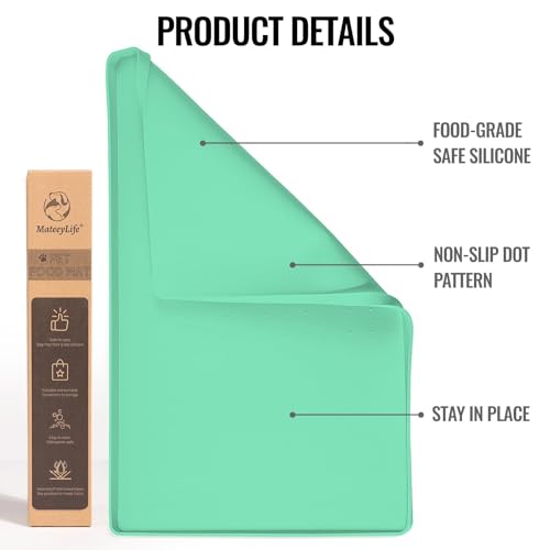 MateeyLife Dog & Cat Food Mat - Waterproof, Nonslip, Raised Edges, Silicone Tray for Messy Drinkers, 24"x16", Mint Green - color: Green, size: 24''×16''