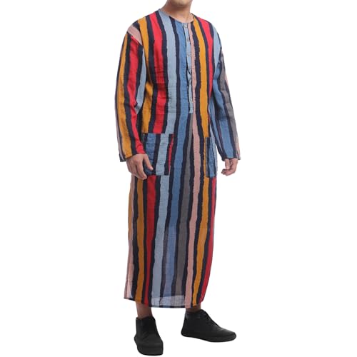 IWEMEK Muslim Thobe for Men Striped Kaftan Thobe with Pockets Saudi Arabic Robe Button up Dubai Abaya Caftan Ramadan Clothes - color: Red, size: Large