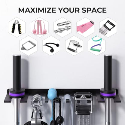Home Gym Rack Wall Mount Barbell Holder, Multifunctional Two-in-One for Storage Barbells,Resistance Bands,Cable Accessories,Weight Lifting Belts,Jump Ropes and Chains
