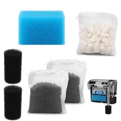 Big Peng AC20 Aquarium Filter Media Maintenance Kit Compatible with Aquaclear Fluval AC20 Power Filters, Includes 1 Blue Foam, 2 Activated Carbon, 1 BioMax Pellets, 2 Intake Strainer Sponge