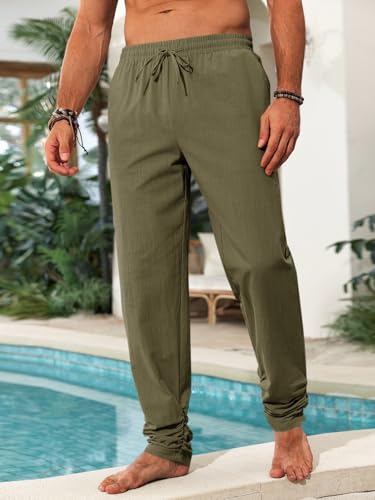 Runcati Mens Kaftan Thobe Pants Cotton Casual Elastic Waist Drawstring Muslim Trousers Summer Yoga Kurta Pants with Pockets - color: Army Green, size: Large