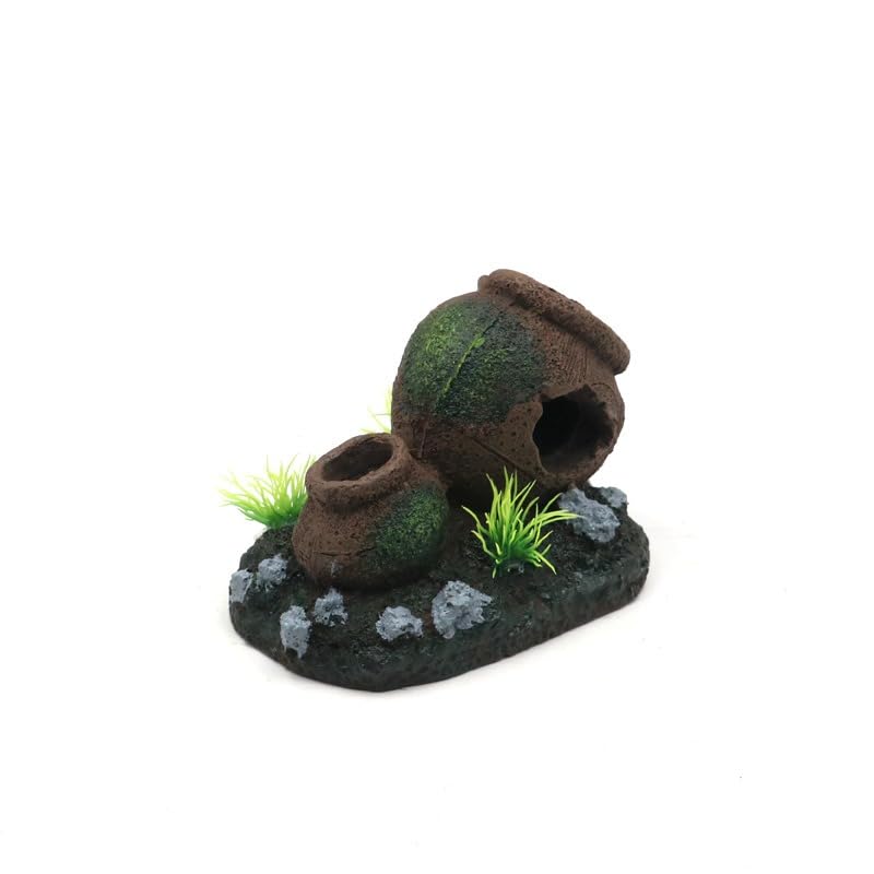 Rustic Broken Barrel Aquarium Decoration, Resin Fish Tank Hideout with Ancient Pot Design and Artificial Plants