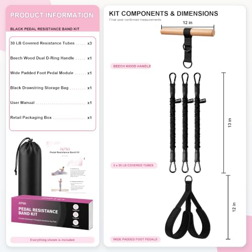 Multifunction Resistance Bands with Handles, Upgraded Dual D-Ring | 3-Tube Adjustable Resistance: 30/60/90 LB | Beech Wood Handle | Wide Foot Pedals | for Abdomen, Waist, Arm, Leg, Pilates - color: Black