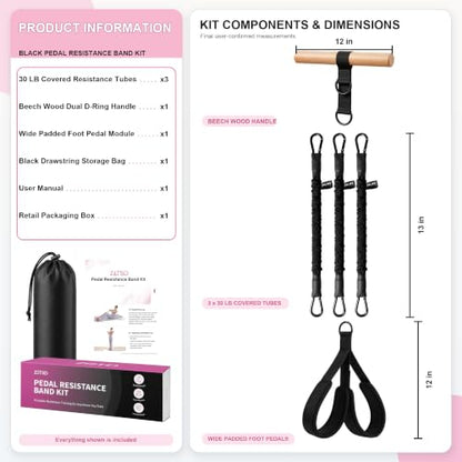 Multifunction Resistance Bands with Handles, Upgraded Dual D-Ring | 3-Tube Adjustable Resistance: 30/60/90 LB | Beech Wood Handle | Wide Foot Pedals | for Abdomen, Waist, Arm, Leg, Pilates - color: Black