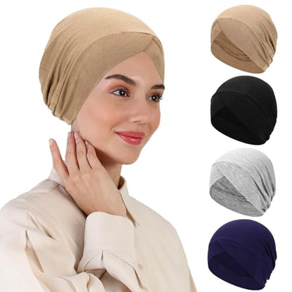 XEPST 4 PCS Hijab Undercap for Women, Islamic Muslim Under Hijab Cap Cross Turban Underscarf Solid Color Undercap Bonnet Inner Head Scarf Head Wraps Hair Turbans for Women Chemo Headwear Sleep Cap