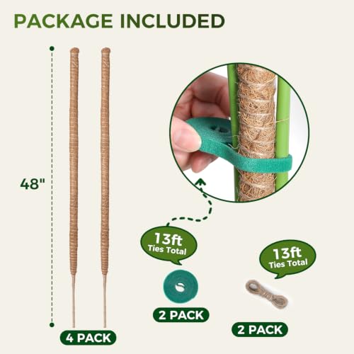 48" Moss Pole Monstera Plant Support, 4 Pack, Bendable Plant Stakes Made of Real Coco Coir Support for Climbing Indoor Plants, Tall Moss Stick Trellis for Potted Climbers - size: 4 Pack (48in)