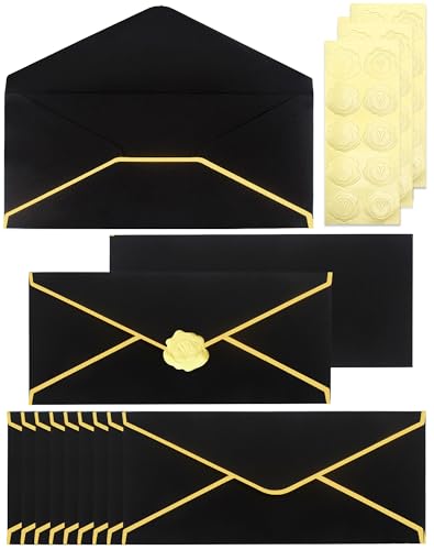 Business Envelopes with V-Flap,Gold Border 30 Pack #10 Envelopes Made of 150gsm Paper, Standard Envelopes with Gold Stickers for Office, Checks, Letter Mailing,9.45 x 4.13 Inches (Black) - color: Black