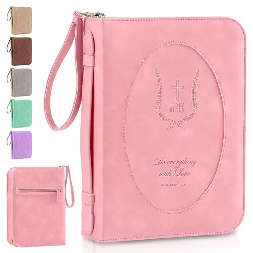Leather Bible Cover for Women, Zippered Floral Bible Case with Handle, Pink | Bible Study, Church, Journaling & Travel - color: Pink