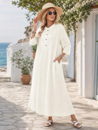 Celmia Autumn Solid Loose Long Maxi Dress Cotton Caftan - color: Pleated White, size: Large