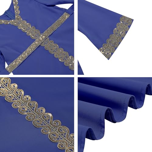 OBEEII Girls Muslim Abaya Ramadan Long Bell Sleeve V Neck Sequins Church Prayer Dress with Belt Islamic Eid Robe Kaftan - color: Royal Blue-sequins, size: 6-7 Years