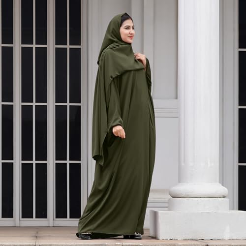 IDOPIP Abayas for Women Muslim Dress with Hijab, One-Piece Long Sleeve Islamic Prayer Dress with Khimar Jilbab Kaftan Clothes - color: Army Green + Hijab