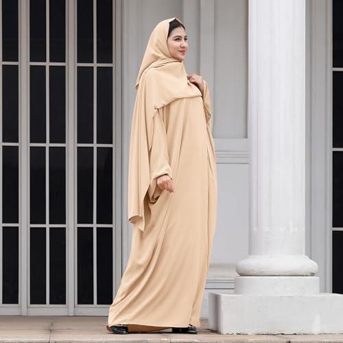 IDOPIP Abayas for Women Muslim Dress with Hijab, One-Piece Long Sleeve Islamic Prayer Dress with Khimar Jilbab Kaftan Clothes - color: Apricot + Hijab