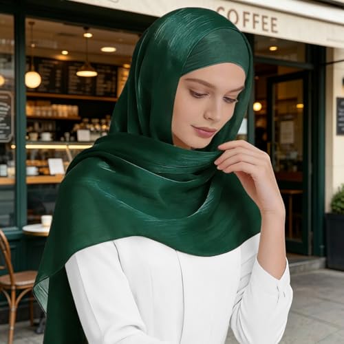 Premium Hijab Head Scarf for Women Lightweight Shimmer Hijab Head Wrap Scarves Crepe Satin Scarf Shawl Wrap - color: Dark Green